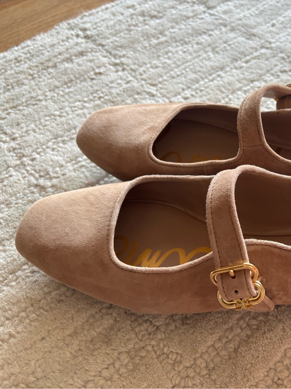 Sam Edelman Taupe Suede Mary Jane Flats with Gold Buckle